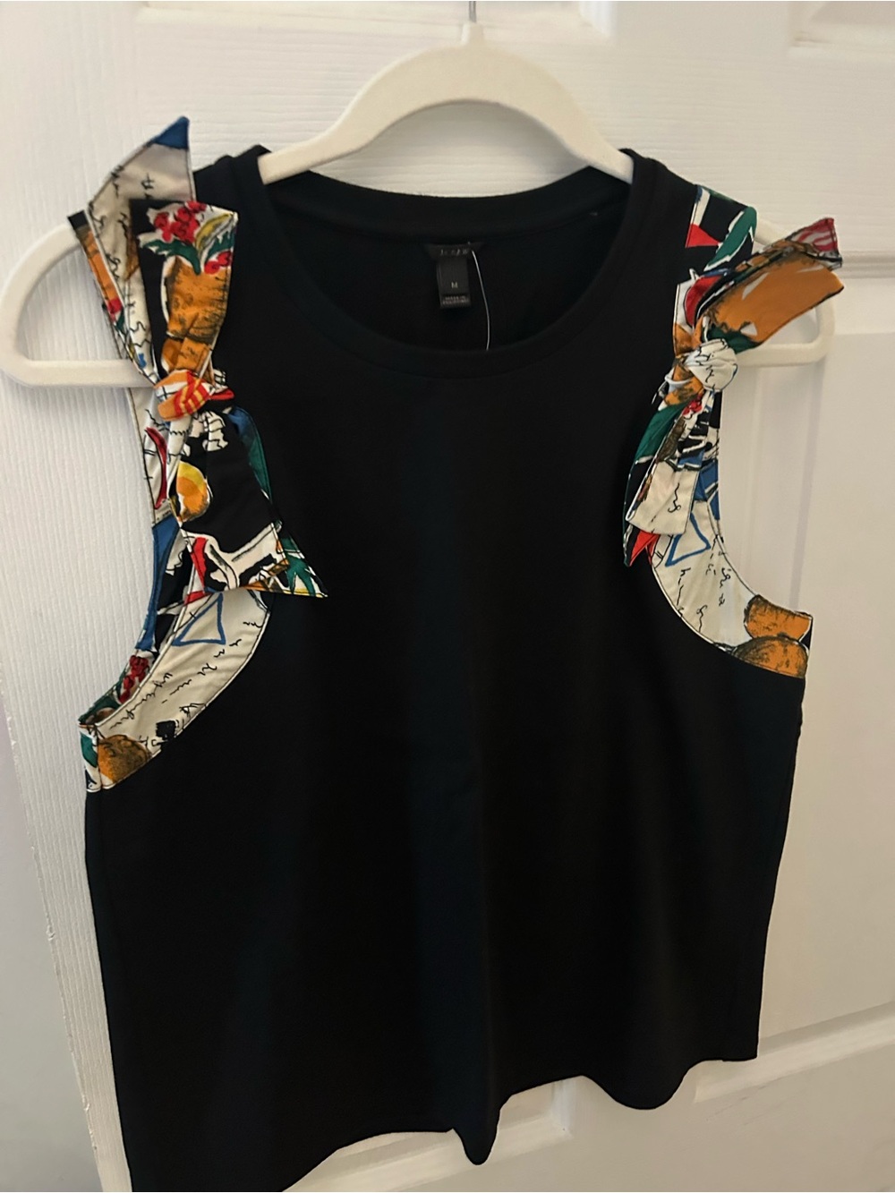J Crew Black Ruffle Sleeve Tank Top with Printed Trim